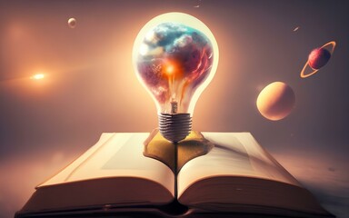Bulb lamp on Open book as metaphor of reading skill brain knowledge and Sience, 
Education symbolic for lecture educational system. 
Creativity in wisdom state of mind abstract surrealism concept.