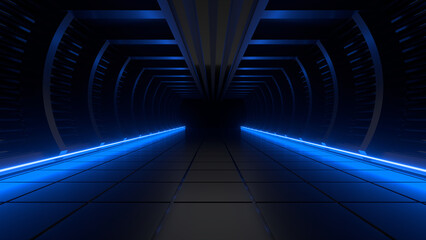 Fototapete - Sci Fi neon glowing lines in a dark tunnel. Reflections on the floor and ceiling. 3d rendering image. Abstract glowing lines. Technology futuristic background.