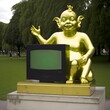 teletubby with graffiti and digital multimedia interface screens with occult code glitch space invaders integrated into a golden statue of medusa with obsolete apple mac computers in frieze london 