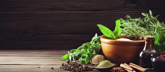 Wall Mural - Wooden table with alternative medicine herbs and a stethoscope