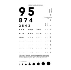 Wall Mural - Rosenbaum Pocket Vision Screener Eye Test Chart medical illustration with numbers. Line vector sketch style outline isolated on white background. Vision board optometrist ophthalmic for examination