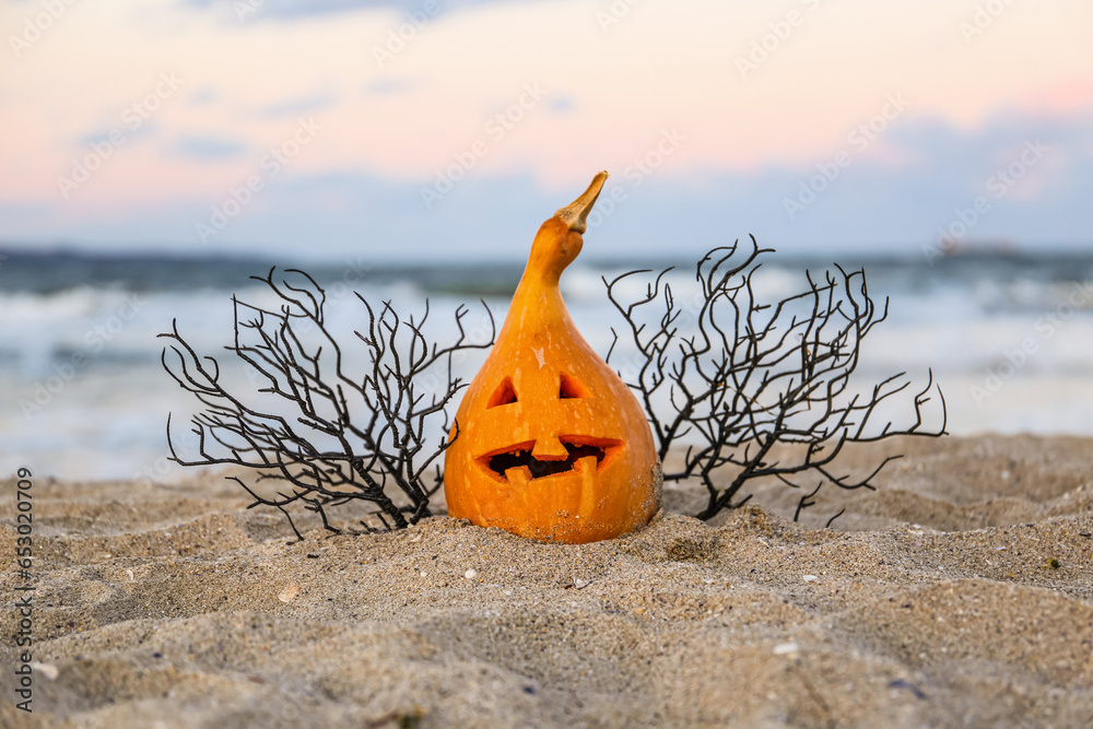 Carved pumpkin for Halloween with twigs on beach