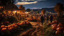 Pumpkins On A Pumpkin Patch Farm Autumn Fall Festival With Lights 

