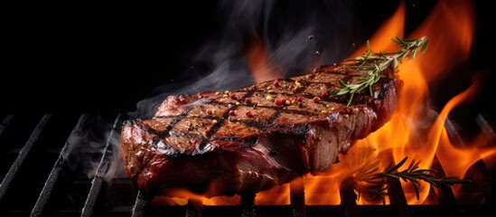 Canvas Print - Grilled steak with smoky flames