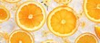 Top view of a flat lay consisting of orange slices ice cubes sparkling juice fresh fruit lemonade sparkling water and a citrus flavored summer drink