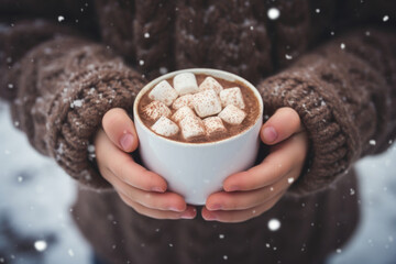 Close-up of a child's hands holding a hot chocolate mug, complete with gooey marshmallows, capturing the bliss of sipping this winter's favorite indulgence