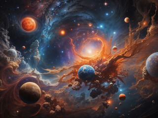 Wall Mural - Celestial bodies such as nebulae, cosmic dust, and planets - AI Generative