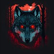 wolf king face with glowing red eyes stalking the forest 