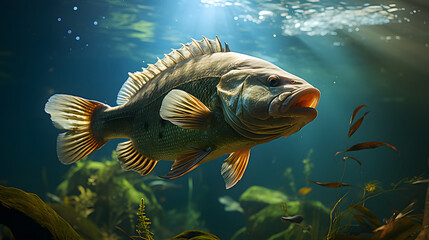 Fishing trophy - big freshwater perch in water on green background.
