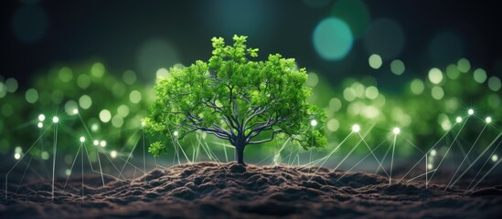 Wall Mural - Planting trees for growth on green background Concept of network and connection