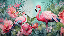 Llustration Of Tropical Wallpaper Design With Exotic Leaves And Flowers. Hummingbird And Flamingos. Paper Texture Background. Seamless Texture.