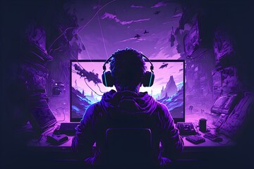 a male gamer playing video games purple front view anime 8k style abstract environment empty space at the top 