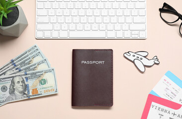 Canvas Print - Flat lay composition with passport, keyboard and tickets on beige table. Business trip