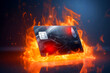 Bank card on fire. Background with selective focus and copy space