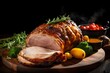 A succulent close-up of the mouth-watering Danish delicacy, Kamsteg - a perfectly roasted pork loin