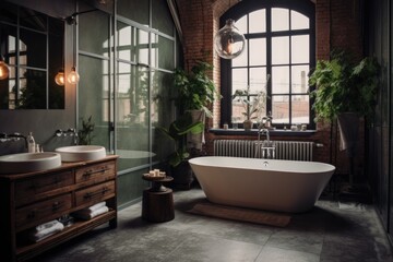 Interior of a modern and contemporary minimalistic bathroom with plenty of natural light coming through a big window