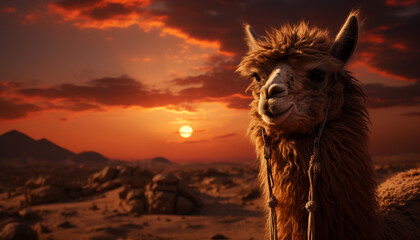 Wall Mural - Sunset over the mountains, a camel smiles in nature beauty generated by AI