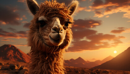 Wall Mural - A cute alpaca smiles, looking at camera, in rural sunset generated by AI