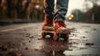 Crop kid in sneakers riding shabby skateboard on asphalt path
