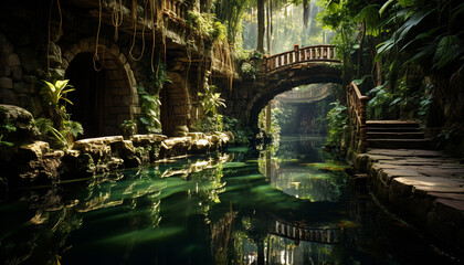 Wall Mural - Tranquil scene: nature beauty reflected in man made bridge over pond generated by AI