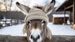 Cozily wrapped donkey looks into the camera