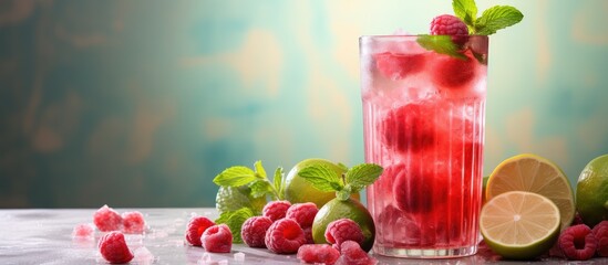 Canvas Print - Non alcoholic summer drink with refreshing flavors and garnish options served in a ribbed glass on a terrazzo table with a pink stone background Ample space for copying