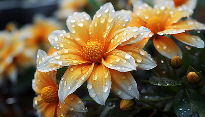 Sticker - A vibrant yellow daisy in the wet meadow of summer generated by AI