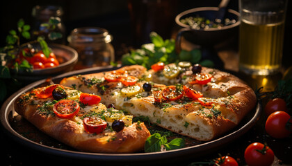 Wall Mural - Freshly baked homemade pizza on rustic wooden table with mozzarella generated by AI