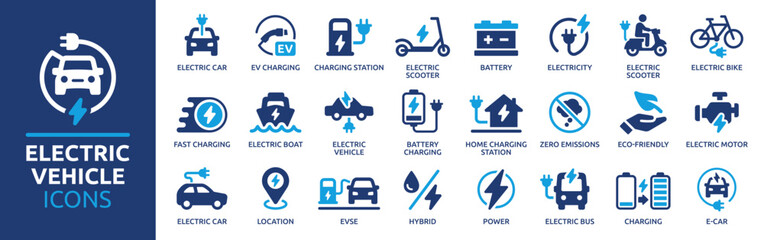 Electric vehicle icon set. Containing electric car, charging station, battery, EV charging, e-bike, hybrid, e-car, electric scooter and power. Icons collection. Vector illustration.