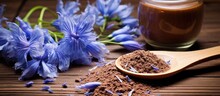 Using Chicory Root And Flowers Create A Healthy Beverage On A Rustic Wooden Backdrop Alternative Medicine For Wellness
