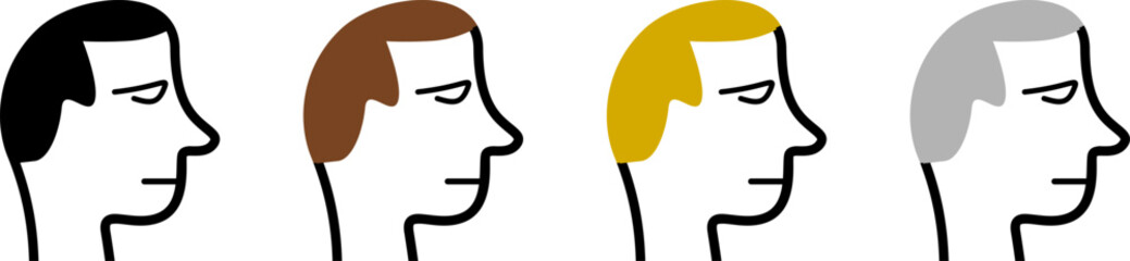 Poster - Man Head Profile with Various Hair Colors including Black Brown Blond Grey Icon Set. Vector Image.