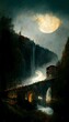 small 19th century steam locomotive with 5 passanger railcars crossing a viaduct situated in the mountains at night The railcars emit bright light that reflects the surounding dark forest The smoke 