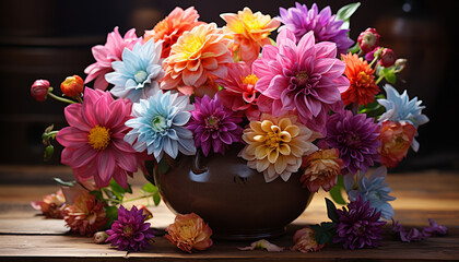 Wall Mural - A fresh bouquet of multi colored flowers on a wooden table generated by AI