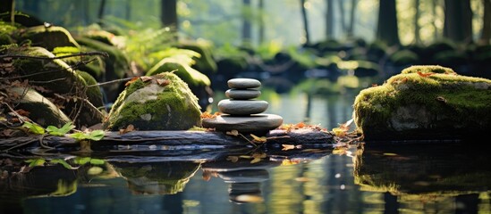 Stone towers in a serene forest pond captured in zen photography to convey tranquility