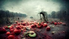 A Large Rotted Watermelon Landscape Whole Eyeballs Spill Out Decay Flies Photorealism Hyper Detailed Fantasy Horror Leica Photography No Text 