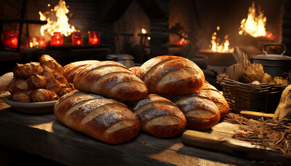 Wall Mural - Freshly baked bread on rustic table, ready to eat homemade meal generated by AI