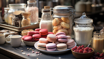 Wall Mural - A gourmet dessert collection fresh macaroons, homemade cookies, indulgent chocolate generated by AI