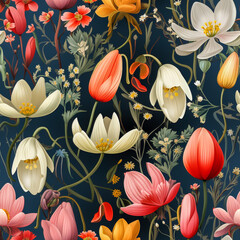 Wall Mural - Colorful Snowdrop Flowers vintage style, Seamless pattern, AI generated