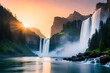 water falls from huge mountains at sunset