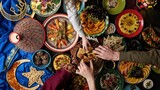 Fototapeta Tęcza - Eid holiday table. Ramadan family dinner. Breaking Fast, iftar. Arabic Middle Eastern traditional cuisine