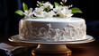 A decadent chocolate wedding cake, adorned with elegant flowers generated by AI