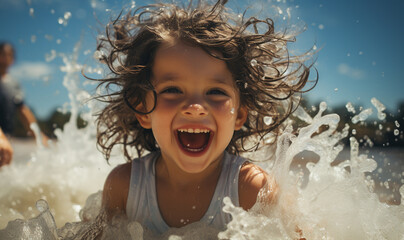 Smiling child splashing, enjoying fun summer vacations, playing in water generated by AI