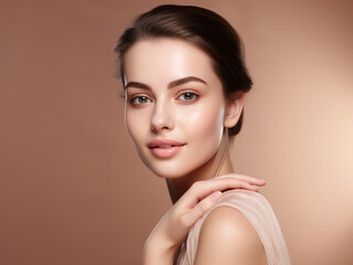 Wall Mural - Portrait Skincare concept of young beautiful woman with glowing skin isolated on beige background