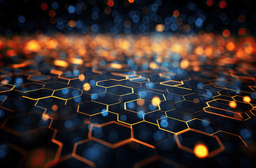 Wall Mural - Dark hexagonal background with light from behind it, data connecting concept