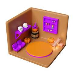 Wall Mural - 3d isometric room for halloween holiday party with cylinder stage podium empty, pumpkin head, tree, timber, skull, sofa, wooden barrel isolated. 3d render illustration