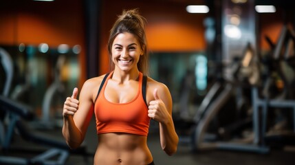 Wall Mural - Close up image of attractive fit woman in gym. Portrait of a smiling sportswoman in orange sportswear showing her thumb up and her biceps over the gym background.