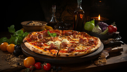 Canvas Print - Freshly baked pizza on wooden table, a gourmet delight generated by AI