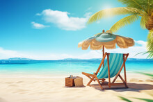 tropical beach with sunbathing accessories in summer
