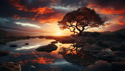 Wall Mural - Silhouette of tree reflects beauty in nature at dusk generated by AI