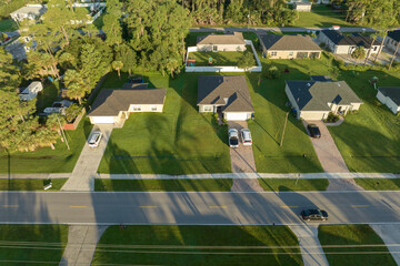 Wall Mural - Aerial view of american small town in Florida with private homes between green palm trees and suburban streets in quiet residential area